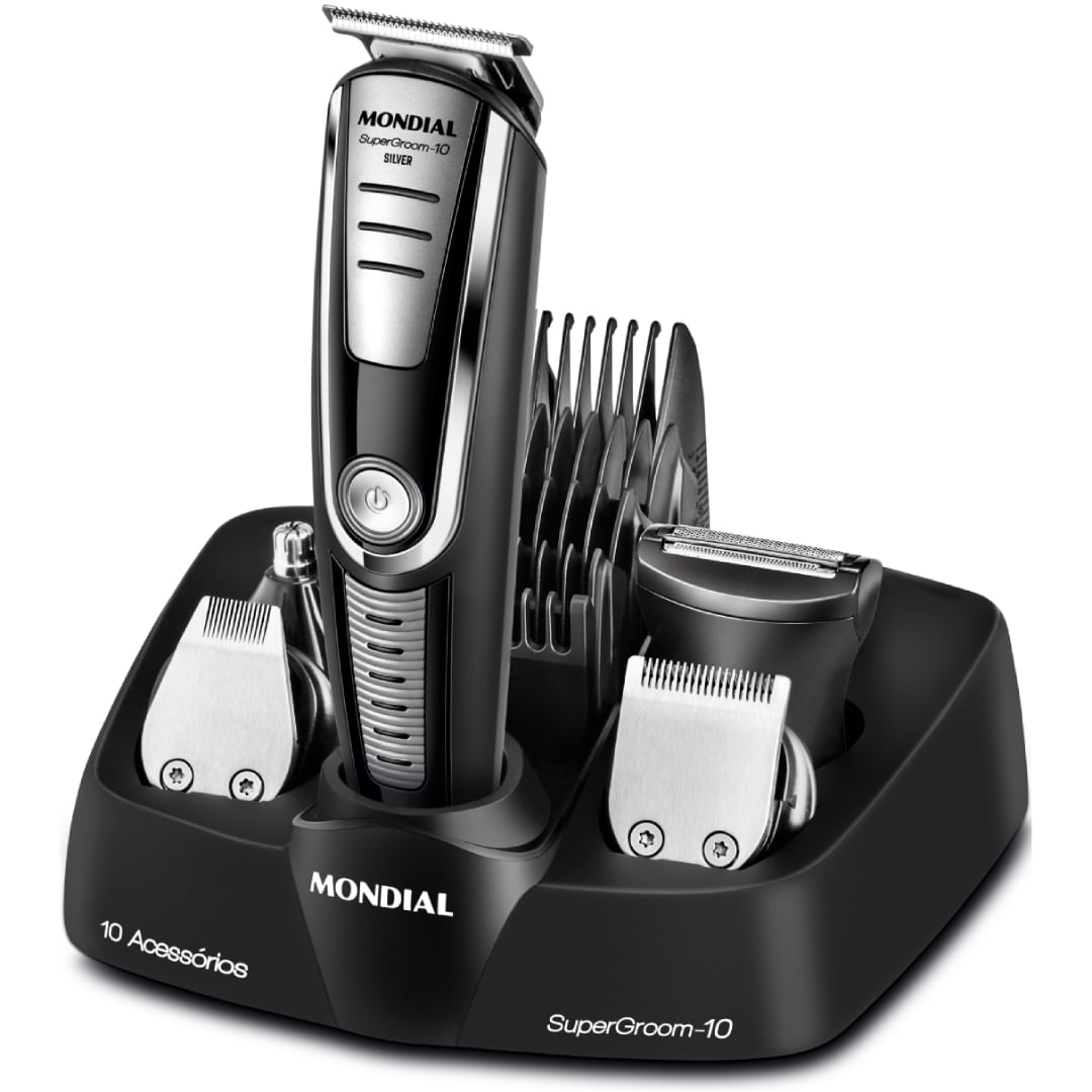 Aparador de Barba Mondial Super Groom 10 BG-06 Bivolt 90min Preto 10 em 1